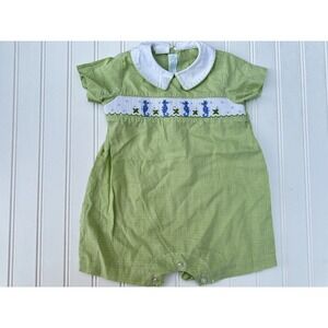 Vive La Fete Bebe Collection smocked Short Bubble Romper Seahorse Green Gingham